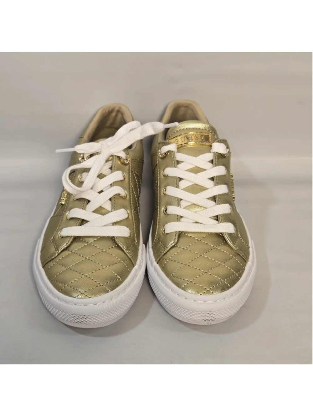 Guess Loven Shoes Metallic Gold Womens 7.5 Logo Lace Up Casual Fashion Sneakers
